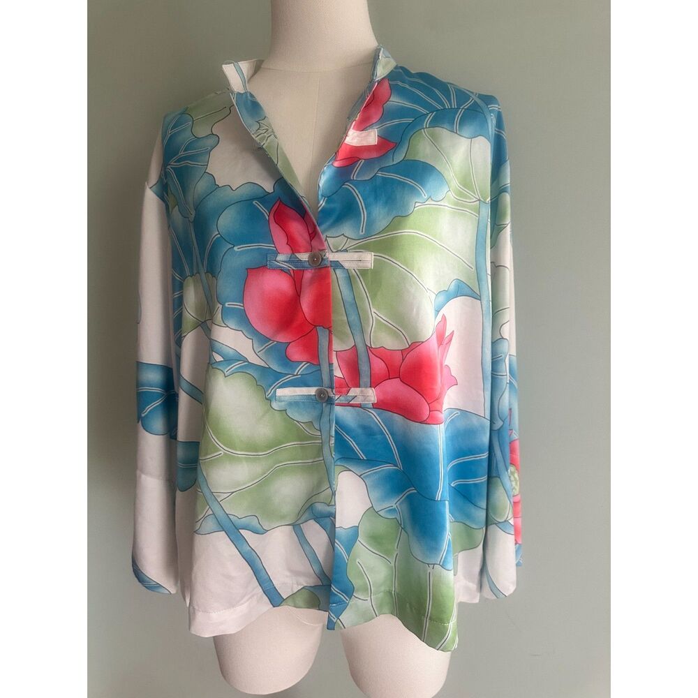 Natori Women's Pajama Top Blue Pink Green White Lotus Print Medium